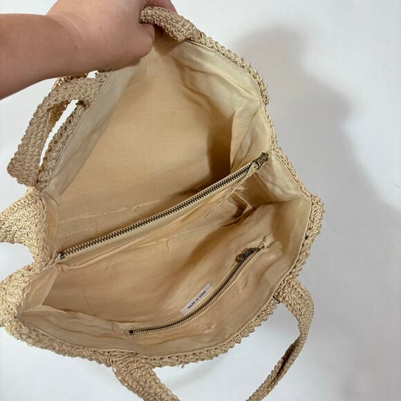Vintage Crochet Purse Handbag Tan Retro Japan Lined Natural Handmade Two Section - Picture 8 of 11